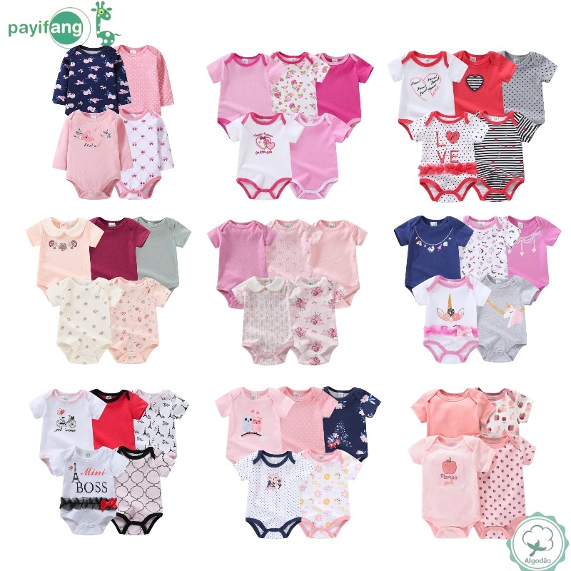Kit 5 Peças Body Manga Curta Estampado ou Liso Roupa de Bebê Macacão de manga curta masculino feminino recém-nascido