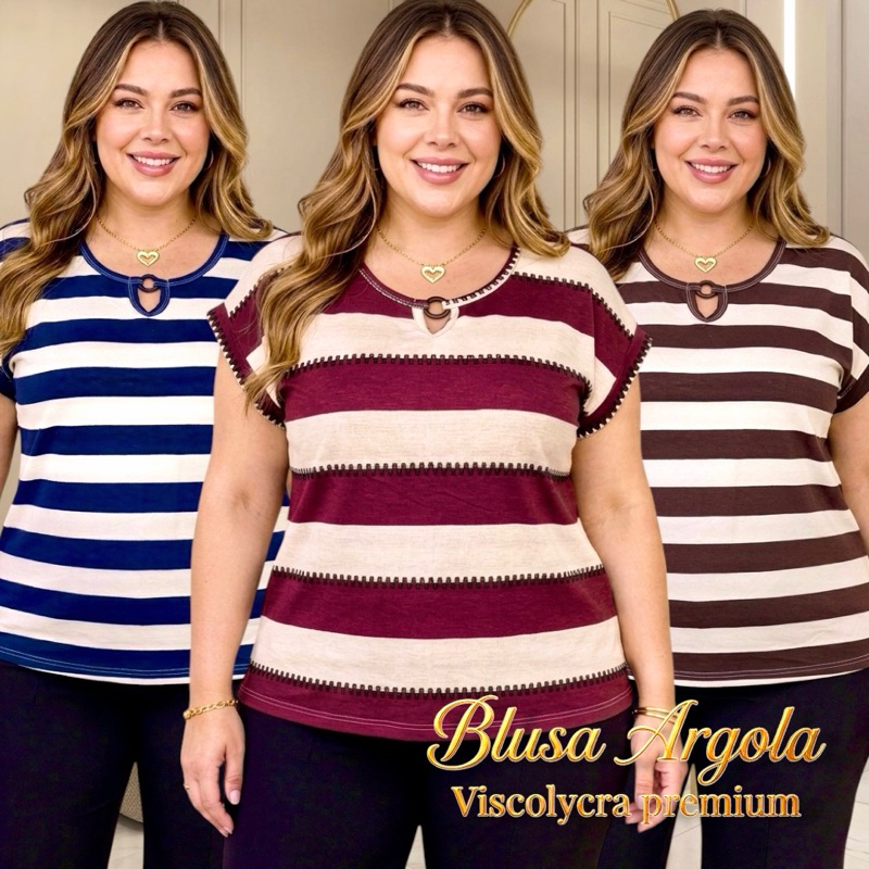 Blusa T-Shirt Feminina Plus Size Listrada GG 44/48 Viscolycra Premium Manga Japonesa Argola Elegance