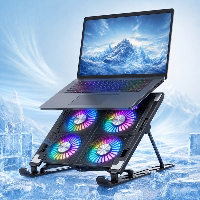 【✨Envio 24H】Suporte Para Notebook Com 4 Coolers RGB LED – ergonômico, ajustável, portátil e super resistente-X4-01