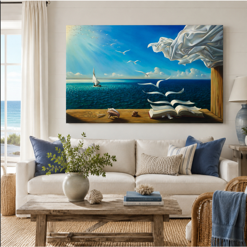 Quadro Decorativo Sala Grande Salvador Dali As ondas livro veleiro Tela Acetinada