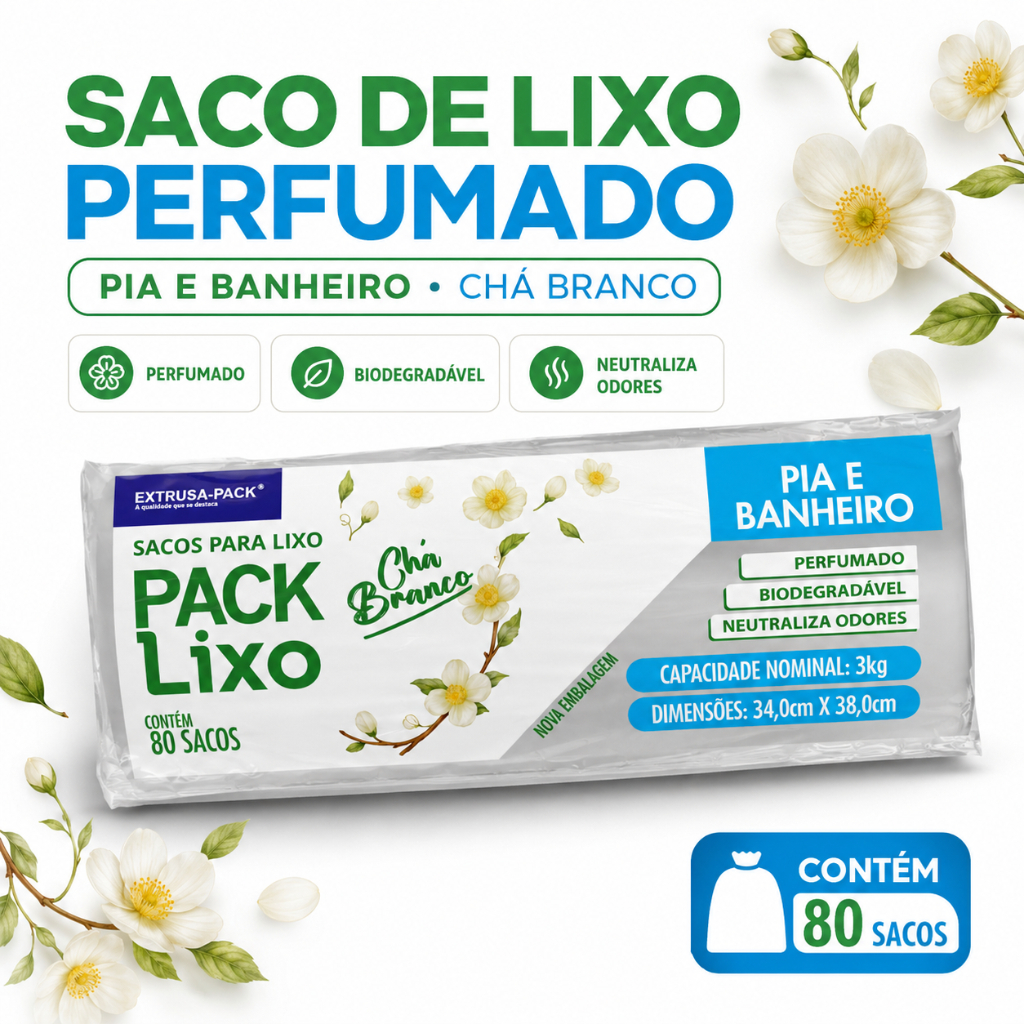 Saco Lixo Perfumado Cha Branco Biodegradavel Anti Odor Pia Banheiro