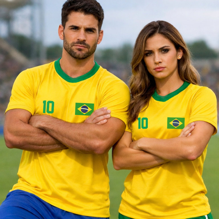Kit Casal Familia Camiseta Brasil 2026 Lançamento Estampada Amarelo Time Copa Personalizada Camisa BRASIL Algodão Malha