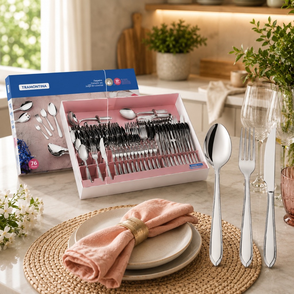 Kit Conjunto Faqueiro Tramontina Laguna 91 Peças em Aço Inox Alto Brilho Jogo Completo…