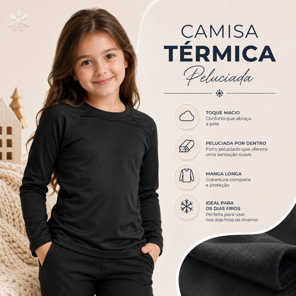 Camisa Térmica Menina Infantil Peluciada por Dentro – Toque Macio e Quentinha