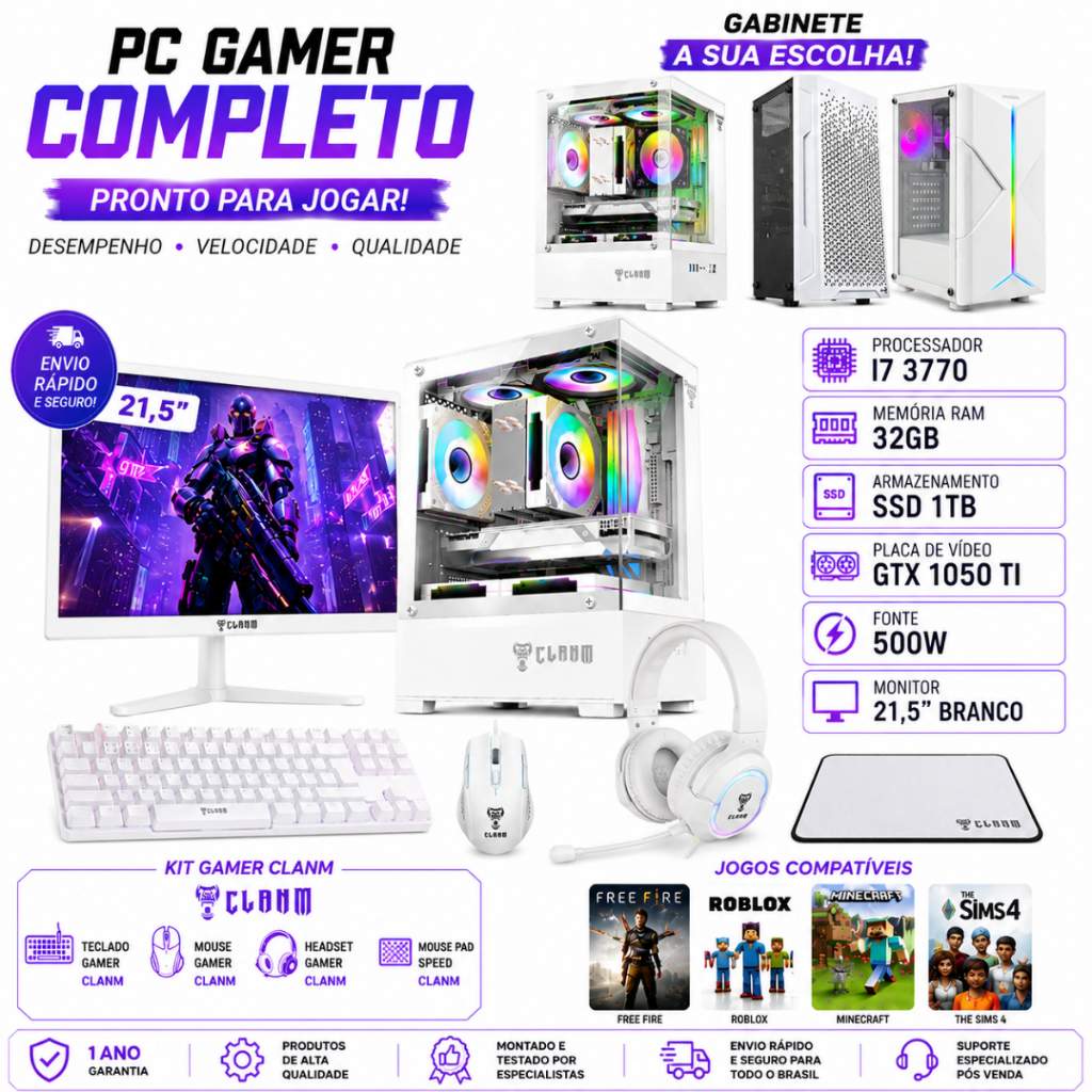 Pc Gamer Completo Intel Core I7, 32gb, Ssd 480, GTX 1050TI 4gb, Kit Eg-55, Monitor 21,5"
