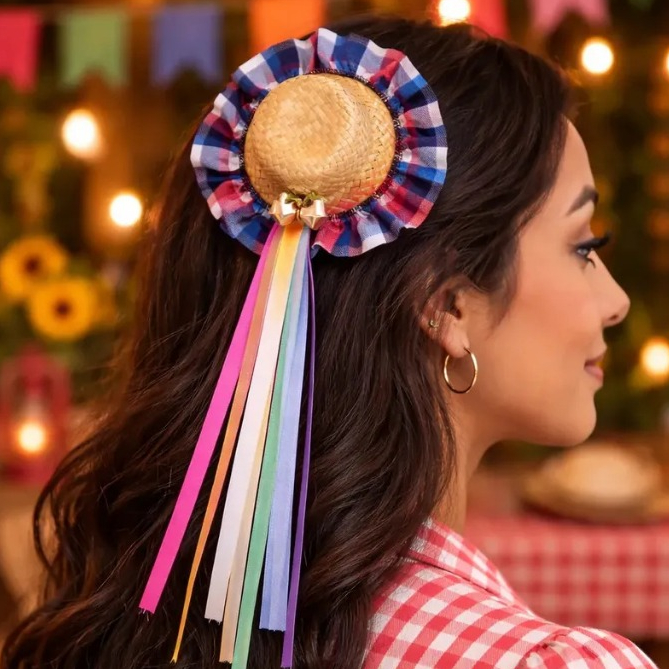 Chapéu de Palha Junino Presilha de Cabelo Enfeite de Cabelo Chapeuzinho Junino Festa junina Xadrez