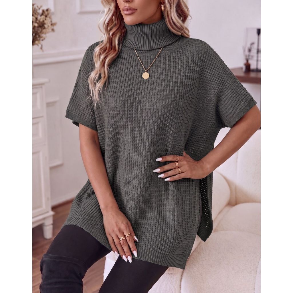 Poncho Casaco Kimono Vestido Tricot Gola Alta Feminino Inverno Elegante Estiloso Fashion