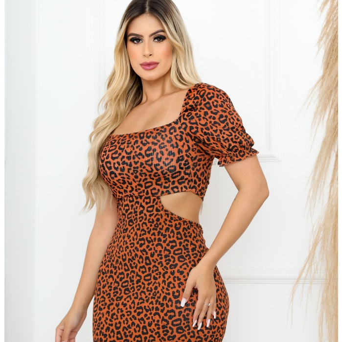 Vestido Feminino Longo de Manga cm Aberturas e Manga Bufante Princesa Verao Animal Print Estampa Linda Floral Liso Adult