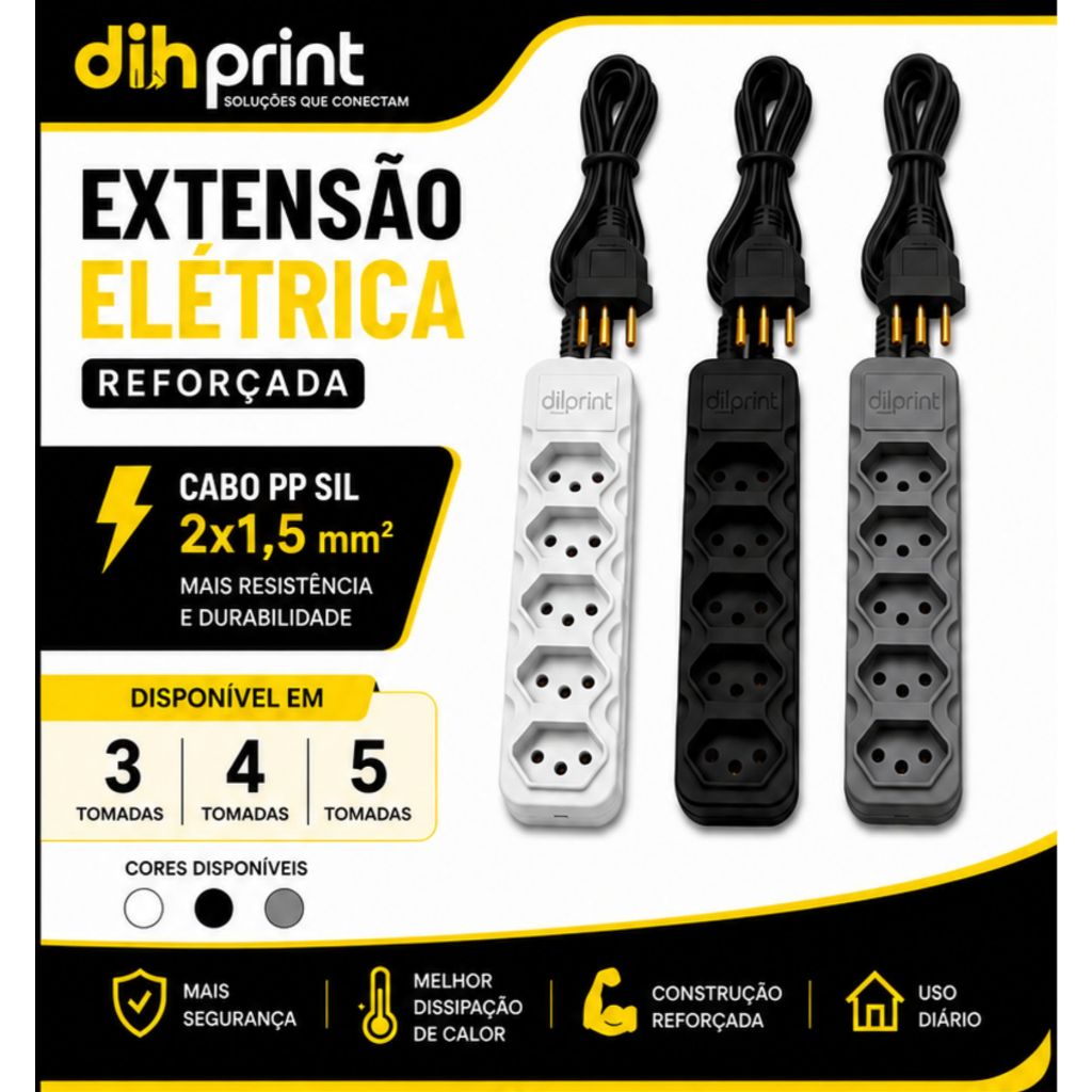 Extensão Elétrica Reforçada Cabo PP SIL 2x1,5mm 3 4 5 Tomadas Bivolt