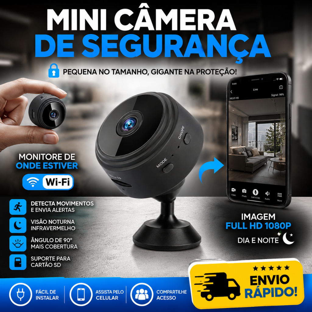 Mini Câmera Espiã WiFi Full HD 1080 Segurança Visão Noturna Detecção Movimento Monitoramento Celular