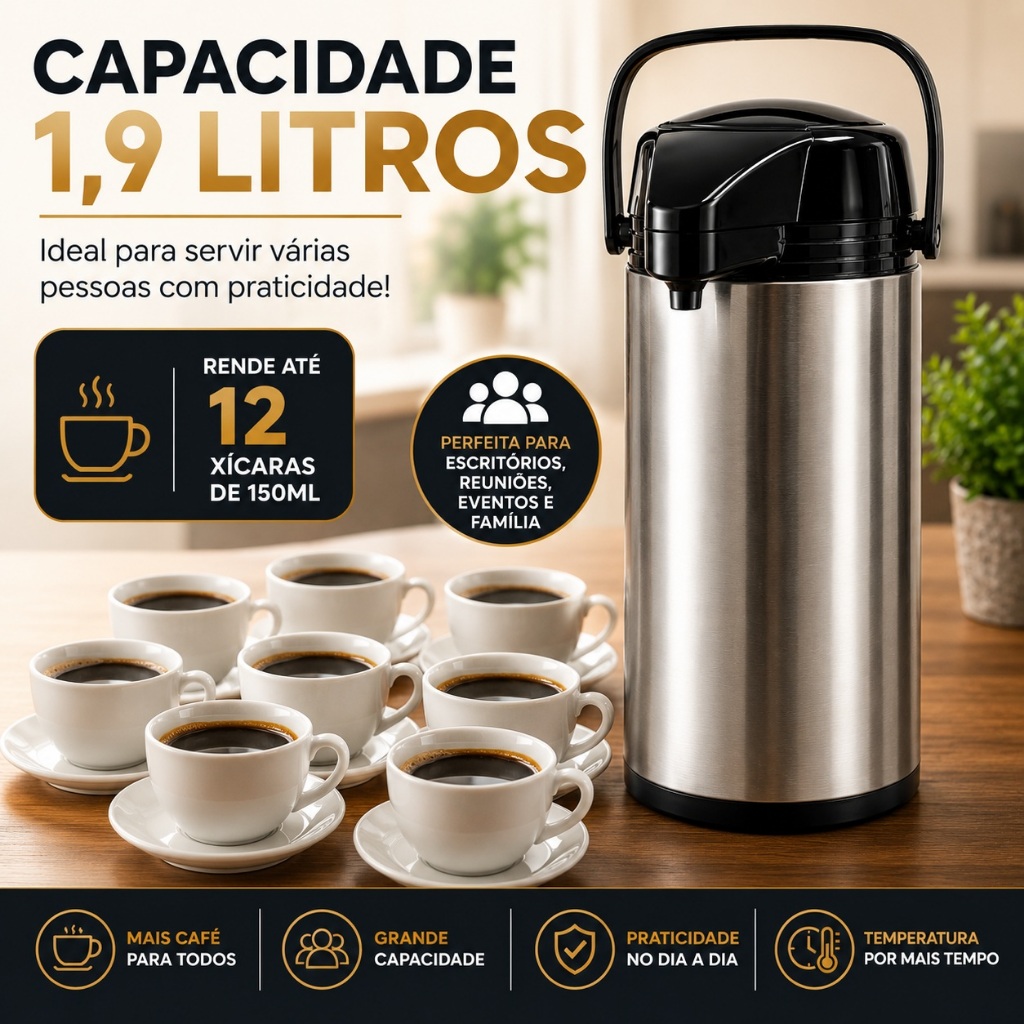 Garrafa Termica Inox 1,9L Jarra Botijao Café Cha Quente Chocolate Pressao Apertar Hotel Pousada Frio
