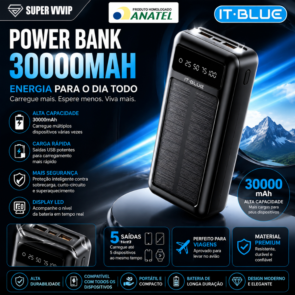 【Brasil Spot Sale】Carregador Portátil Power Bank Solar 30.000mah Com cabos 5 Em1 Carga Rapida LED Lanterna IT BLUE