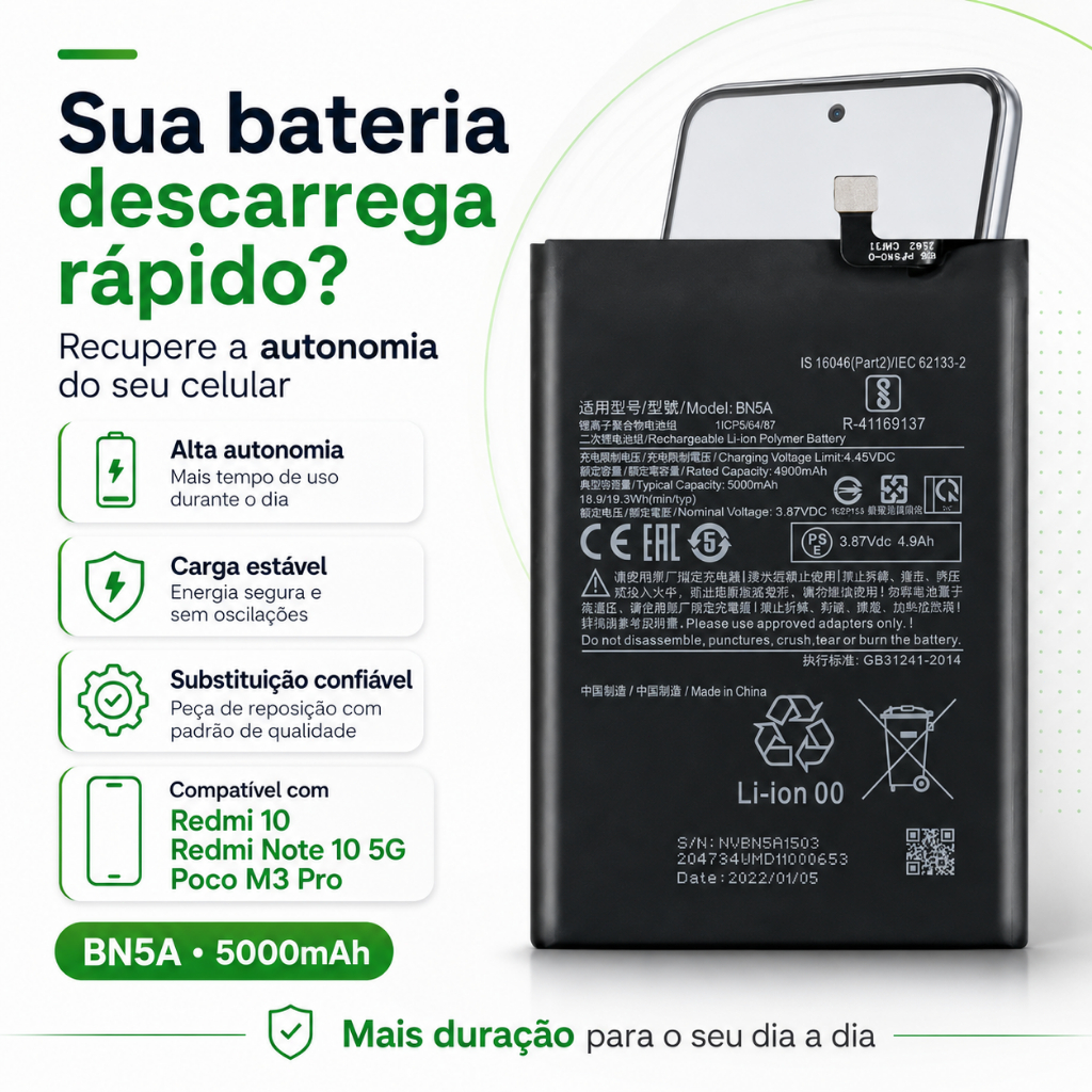 Teste grátis por 30 dias> Bateria BN5A 5000mAh 3,87V para Redmi 10 / Redmi Note 10 5G / Poco M3 Pro | Alta Duração