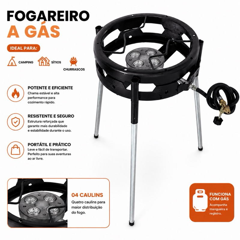 Fogareiro Portatil Camping Pesca A Gás Pés 1 Boca Preto