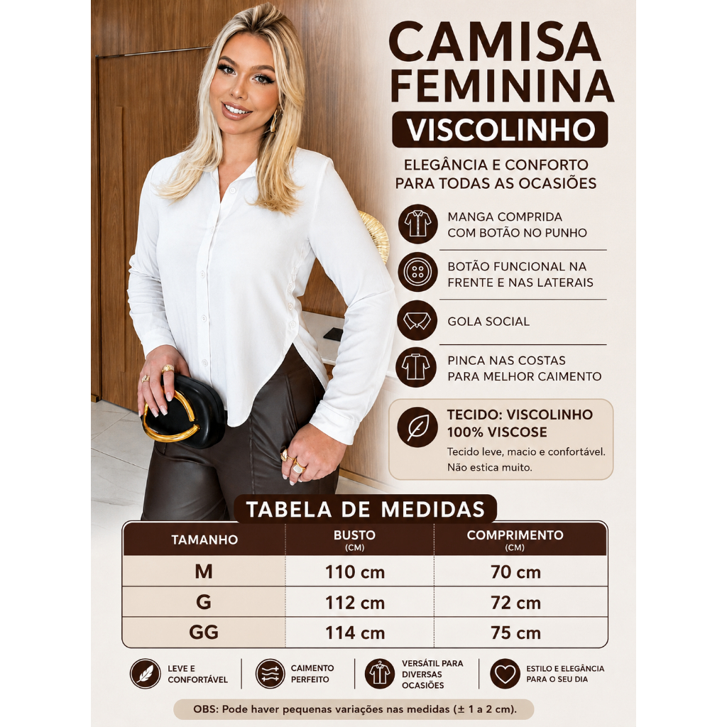 🔥 CAMISA FEMININA SOCIAL VISCOLINHO | MANGA LONGA | BOTÕES FUNCIONAIS NA FRENTE E LATERAIS | ELEGANTE, CONFORTÁVEL E MOD