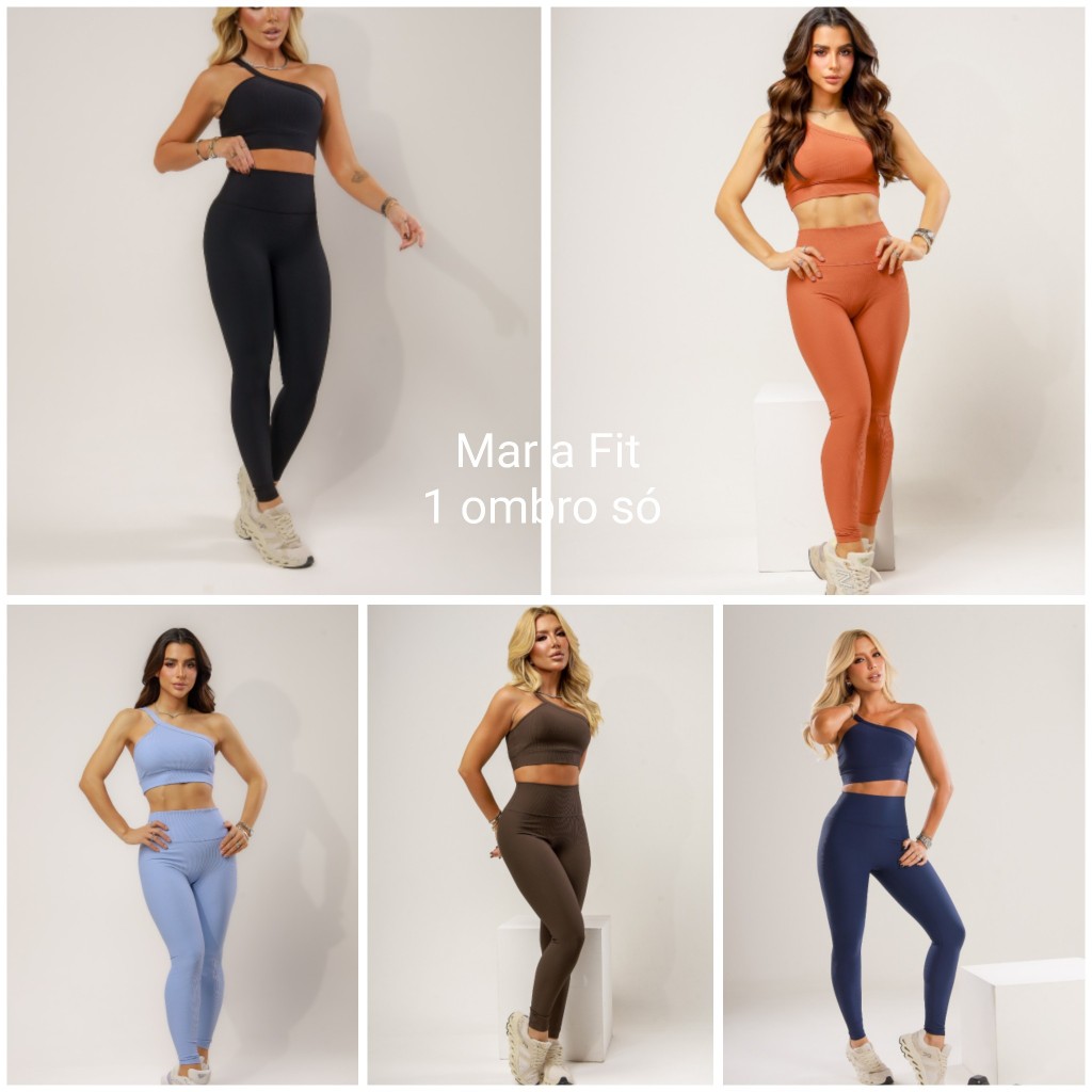 Ello - Conjunto Fitness em Poliamida Canelado para academia - Zero Transparência - Legging alta e Top com bojo removível