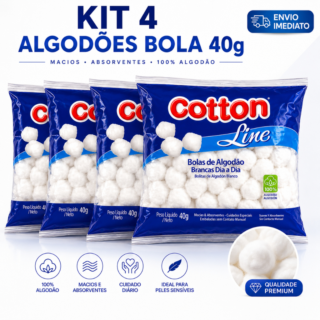 KIT 4 ALGODÃO BOLA 40G COTTON LINE LIMPEZA FACIAL HIGIENE PESSOAL MACIO E ABSORVENTE USO DIÁRIO