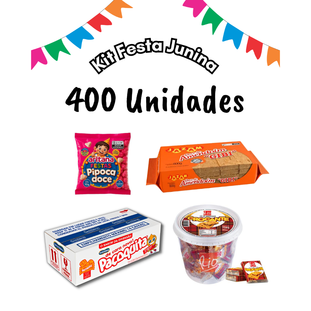 Kit 400 Doces Tradicionais de Festa Junina (Paçoquita, Pipoca Doce, Doce De Amendoim, Pé De Moleque)