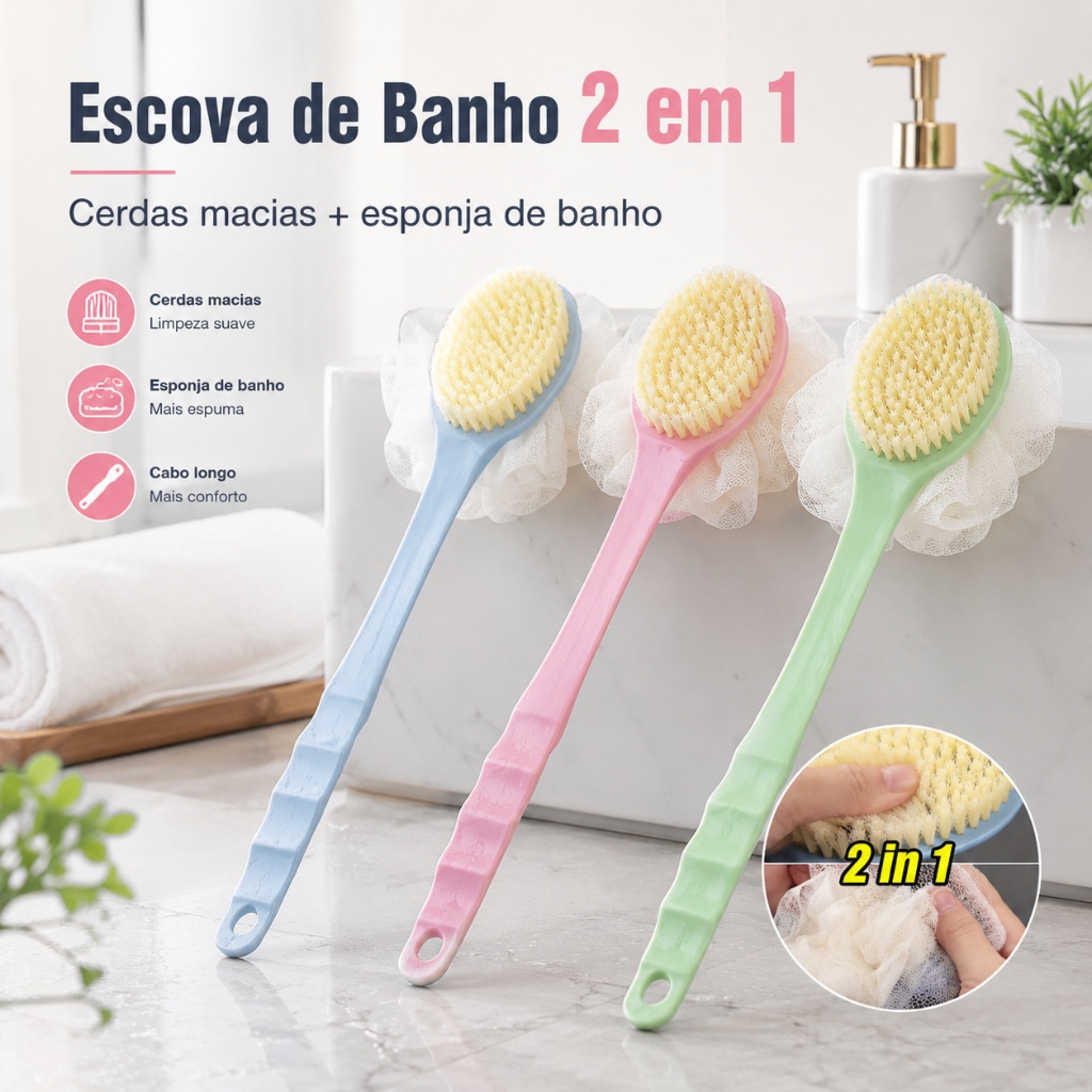 Escova De Banho 2 Em 1 Com Bucha Esponja Cabo Longo Esfoliante Para Costas Limpeza Profunda Macia Banheiro Antiderrapant