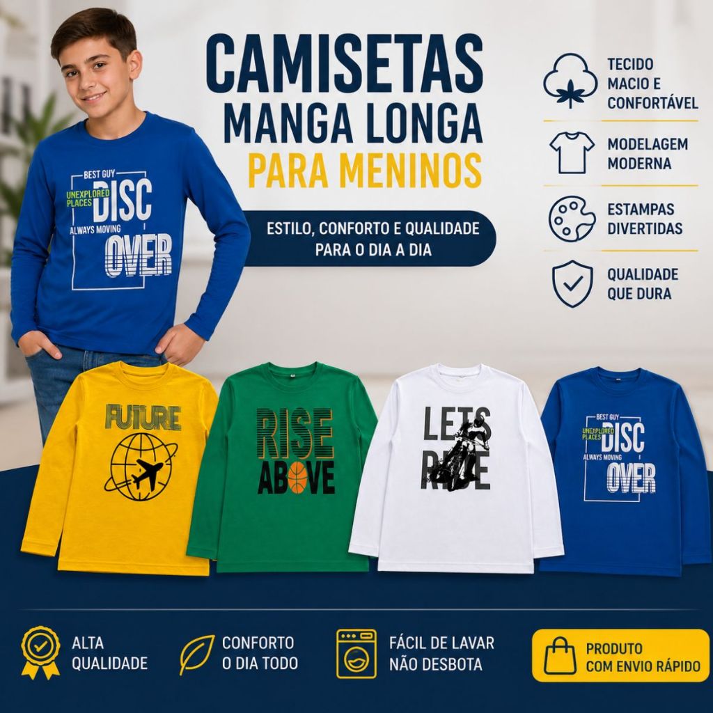 Camiseta Manga Longa Infantil Masculina Estampada Menino 8 10 12 14 16 Anos Confortável Cores Copa