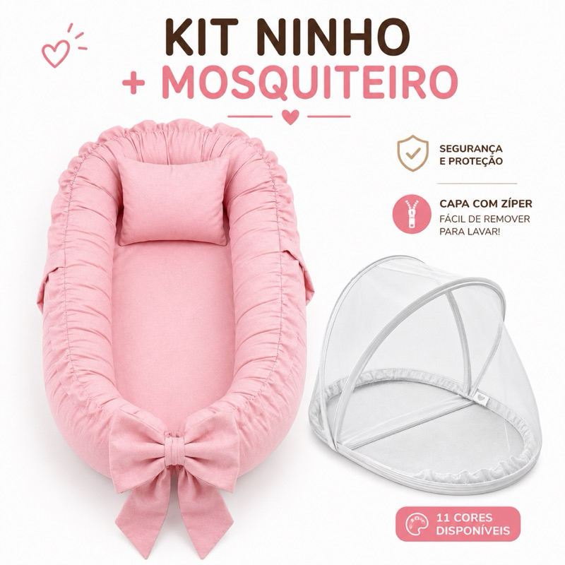 Kit Ninho Redutor Berço + Mosquiteiro Portátil Protetor 2 Peças Enxoval Bebê Menina Menino