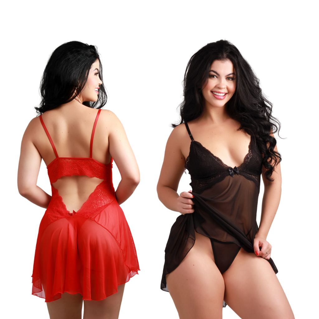 Kit 2 Camisola Feminina Sensual Tule Angelina + Calcinha Fio Dental Luxo Roupa para dormir