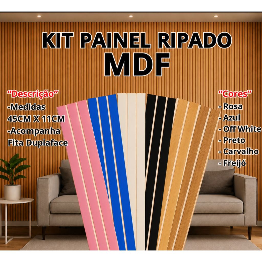 kit Até 100 Placas Painel Ripado Auto colante em MDF Decoração 45x11- ENVIO FULL