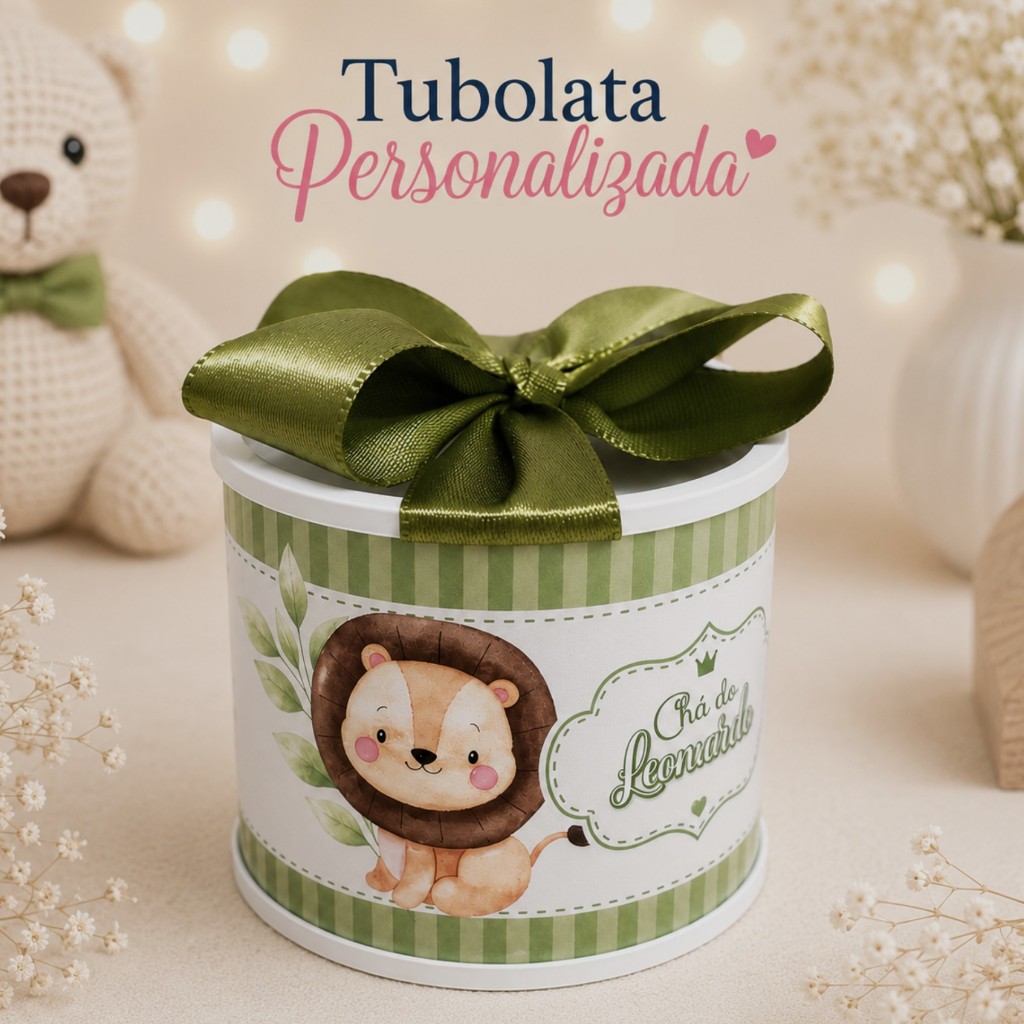 KIT TUBOLATA PERSONALIZADA 5X6-LEÃOZINHO-LEMBRANCINHAS-CHÁ DE BEBE-MATERNIDADE-ANIVERSÁRIO