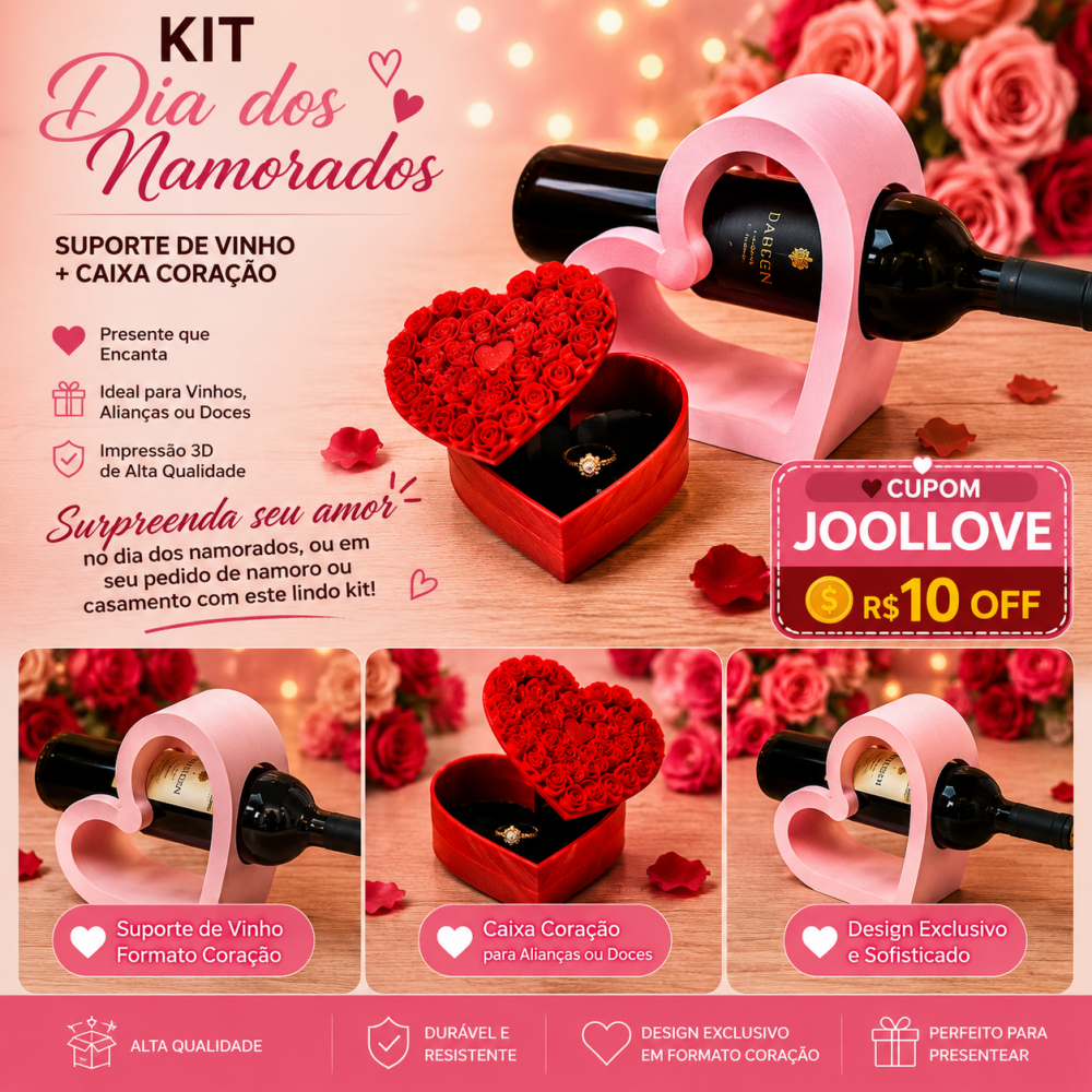 ❤️ Kit Romântico Casal Suporte Vinho Caixa Coração Presente Namorados Casamento Noivado Bodas ❤️