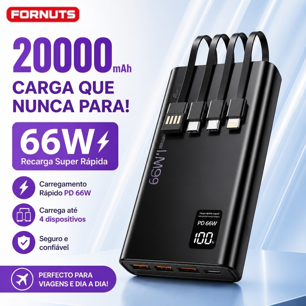 FORNUTS Bateria Portátil 20000mAh Turbo 66W Power Bank 4 Tipos  Compatível Carregador De Celular Portátil