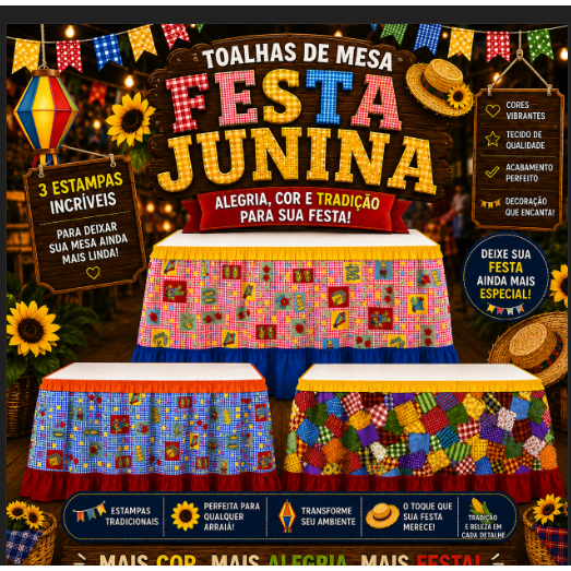 Toalhas de Mesa TNT saia Festa Junina T 4m x 85cm  Estampas Coloridas Decoração São João Premium