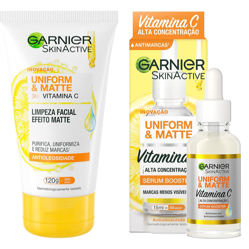 Kit Sabonete Limpeza Facial Vitamina C Antioleosidade 120g + Serum 15ml Garnier Uniform & Matte