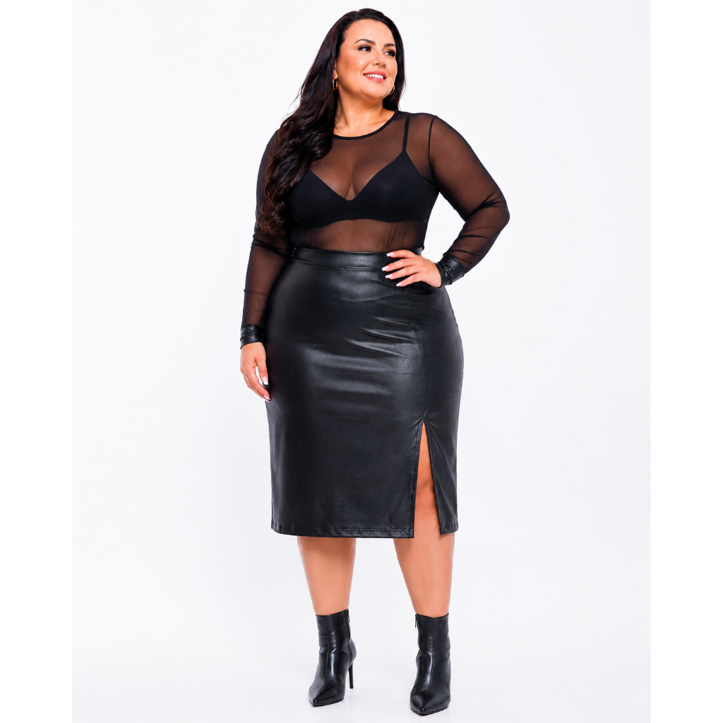 Saia Lápis Plus Size Cintura Alta Com Fenda Frontal Suplex Cirrê Couro Ecológico Courino PU Ref: C60