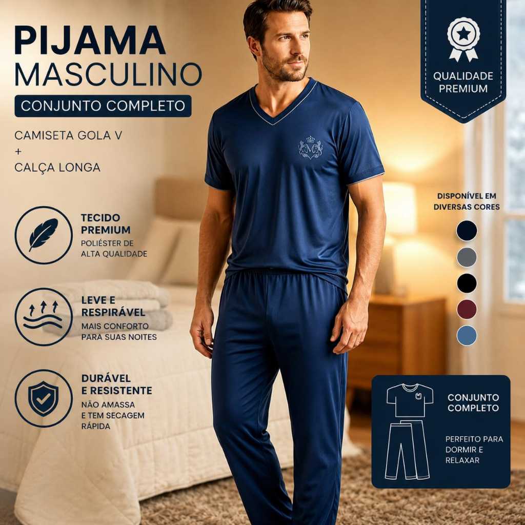 Pijama Masculino Longo Inverno/Verão Calça Comprida e Camiseta Gola V Confortável Ref 091