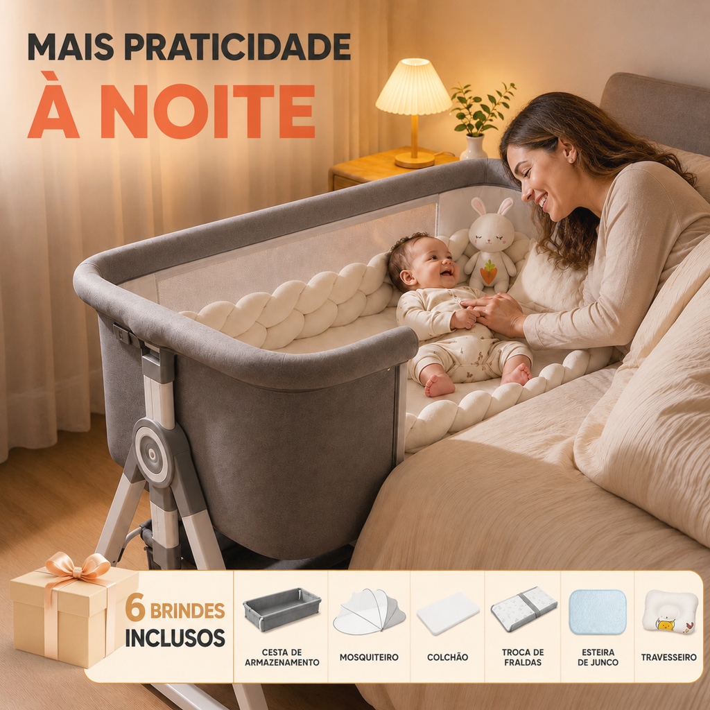 Berço Portátil Moisés Kynetic com Balanço Mosquiteiro Cesto Altura Ajustável Cinza Aço Carbono Seguro