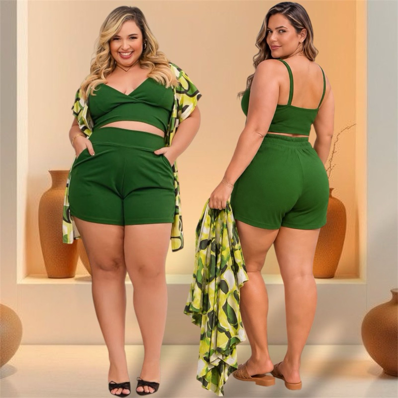 Conjunto Plus Size Feminino Três Peças Top Kimono Short Tam Único 46ao50