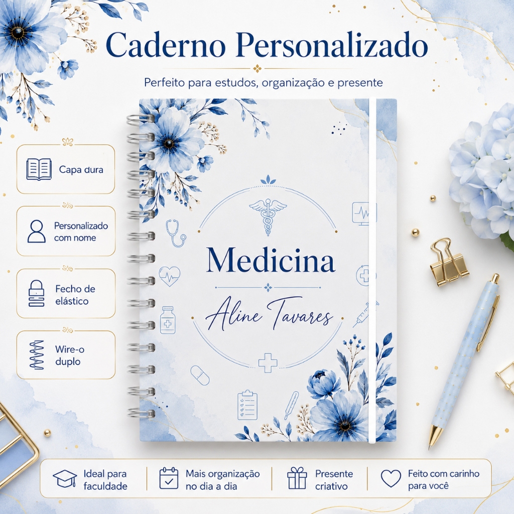 Caderno Personalizado Medicina Floral Azul com Nome Capa Dura 22x16cm Premium 120 Folhas