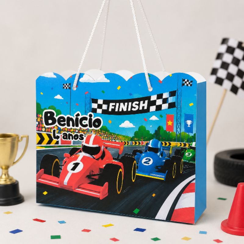 kit 10 Sacolinhas Personalizada Carros Corrida com Nome e Idade 20x15x7cm Lembrancinha Aniversário