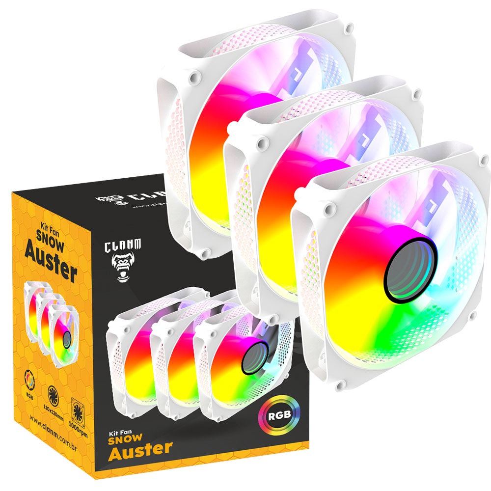 Ventoinha Cooler Fan Clanm Snow Auster Branco 120mm RGB Kit 3 Unidades 4 Pinos Molex para Gabinete PC