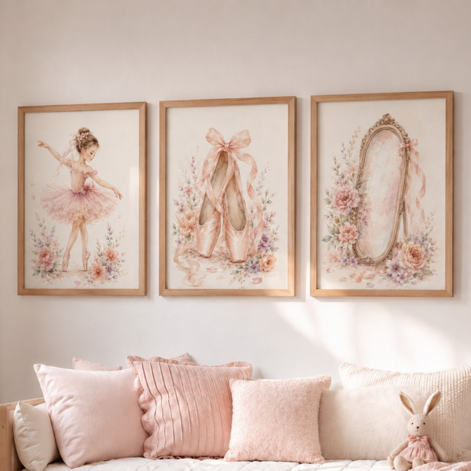 KIT de 3 Quadros para Quarto de Bebê Feminino com Moldura 60X40cm com Vidro Bailarina Entrega Rapida