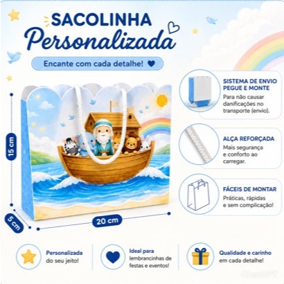 Sacolinha Personalizada Arca de Noé  Pegue e monte - aniversário infantil - Lembrancinha para festa e mêsversário