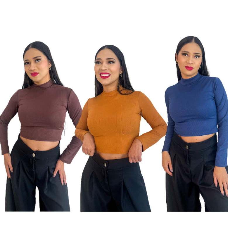 Cropped Feminino Gola Alta Manga Longa Canelado Casual Inverno Outono Moda Blogueira Conforto