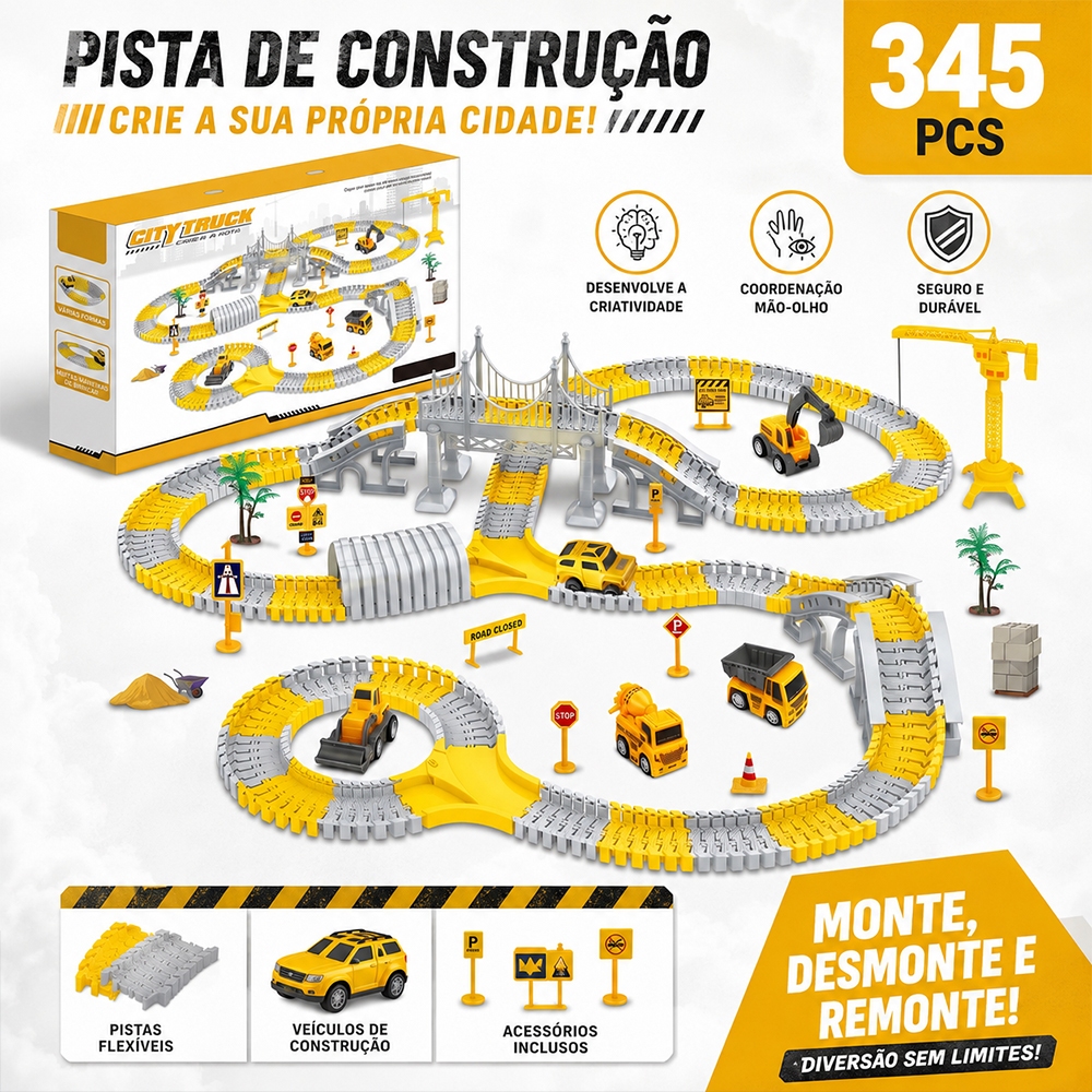 Pista Corrida Carrinho Construção Infantil Ajustável Brinquedo Criança Montável Trilha Maluca