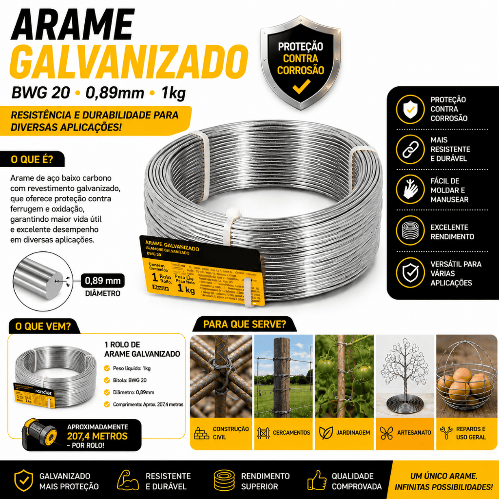 Arame Galvanizado Bwg 20 0,89mm 1 Kg Rolo Liso Para Varal, Artesanato, Gesso, Cerca Vonder