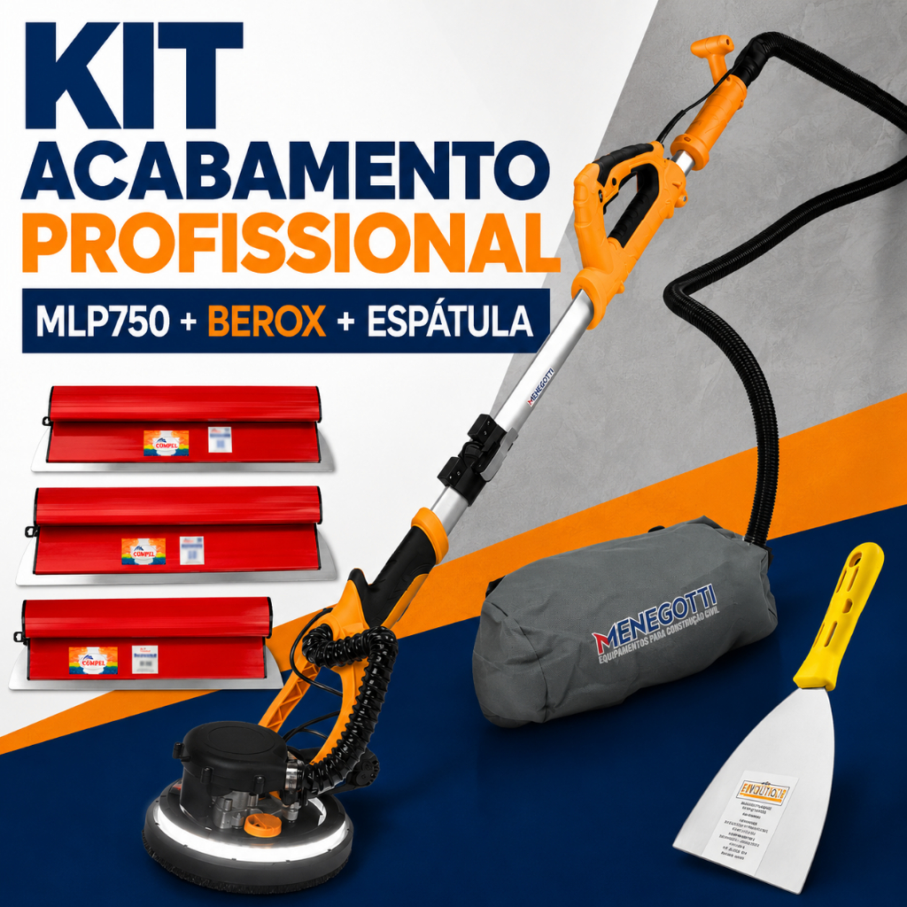 Kit Lixadeira de Parede Menegotti MLP750 750W LED + Desempenadeira Compel 25 40 60cm + Espátula 12cm