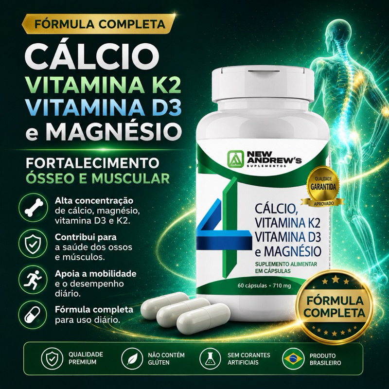 Magnésio + Cálcio + Vitamina D3 e K2 60 Cápsulas