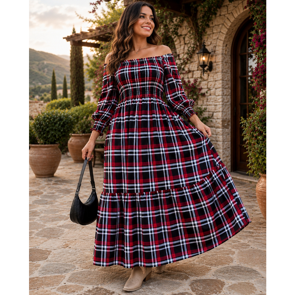 Vestido Xadrez Para Festa Junina Ombro a Ombro Moda Plus Size Longo