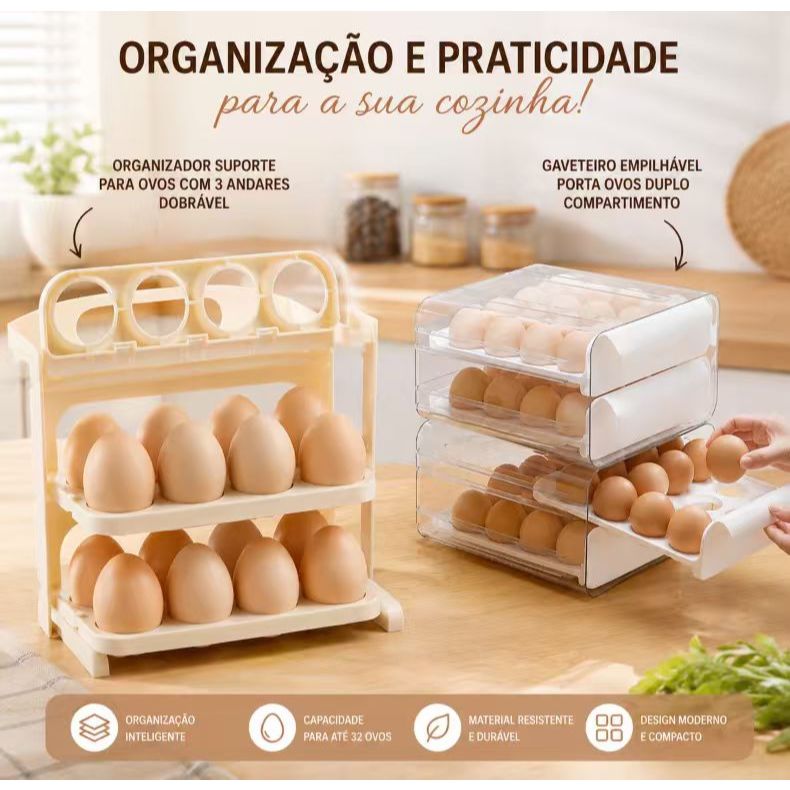 Kit Gaveteiro Empilhável Porta Ovos Duplo Compartimento para 32 Ovos Organizador de Geladeira