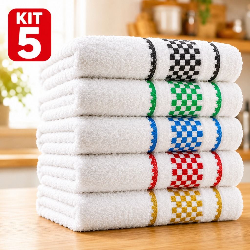 Kit 5 Panos de Prato Copa Grande Xadrez Premium Jacquard Atoalhado Toalha De Cozinha