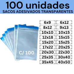 Kit 100 Sacos Adesivados Transparentes 10x15 12x18 15x15 15x20 15x25 17x22 20x25 20x30 22x30 25x35 30x40 35x45 40x50